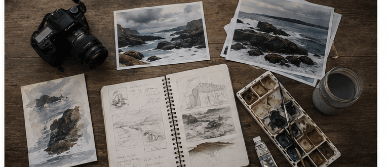 Photographs, sketches and a watercolour study laid out on the studio table.