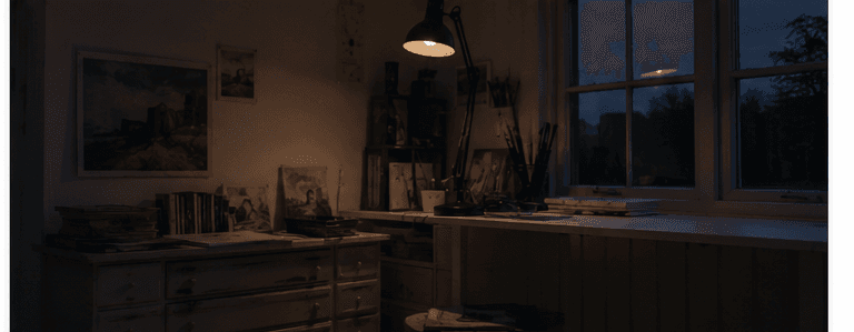 The studio at dusk, lamp lit over the desk.