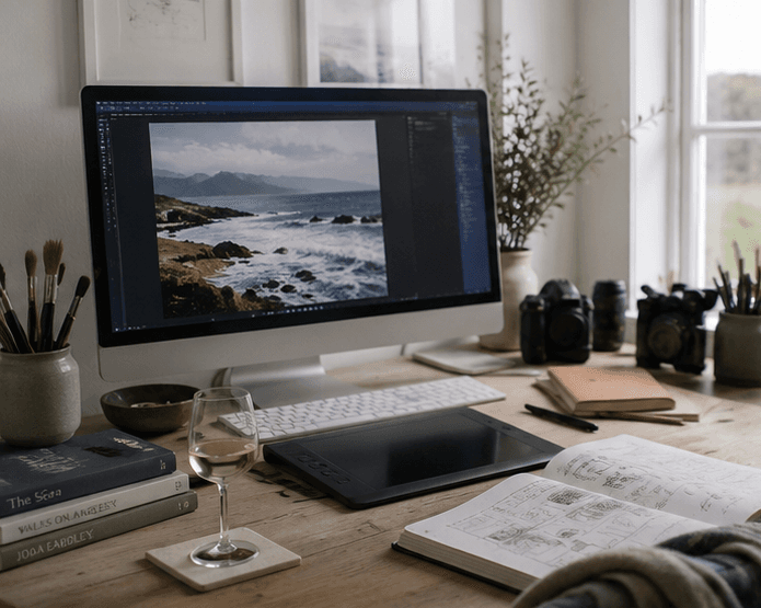 The desk, screen and an open sketchbook, mid-build.