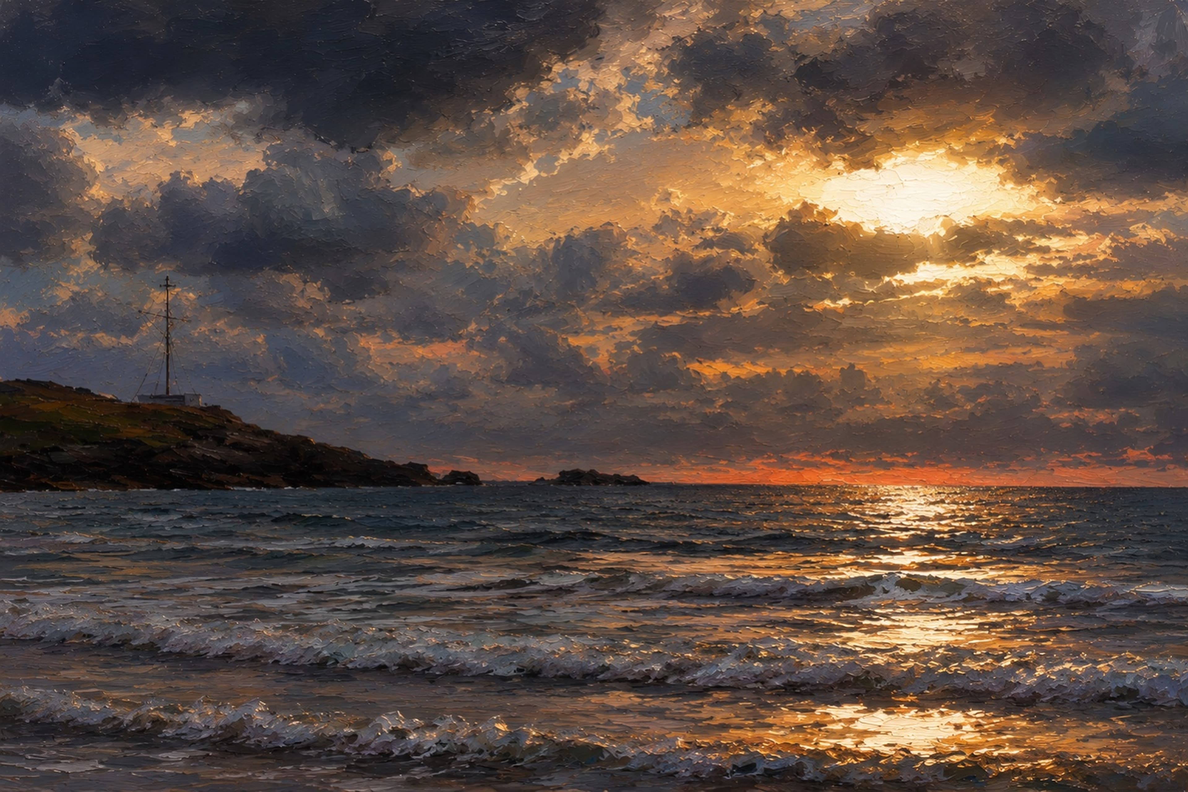 Light Through the Storm, a digital work by Elin Morrow, built from photographs and sketches made at Trearddur Bay