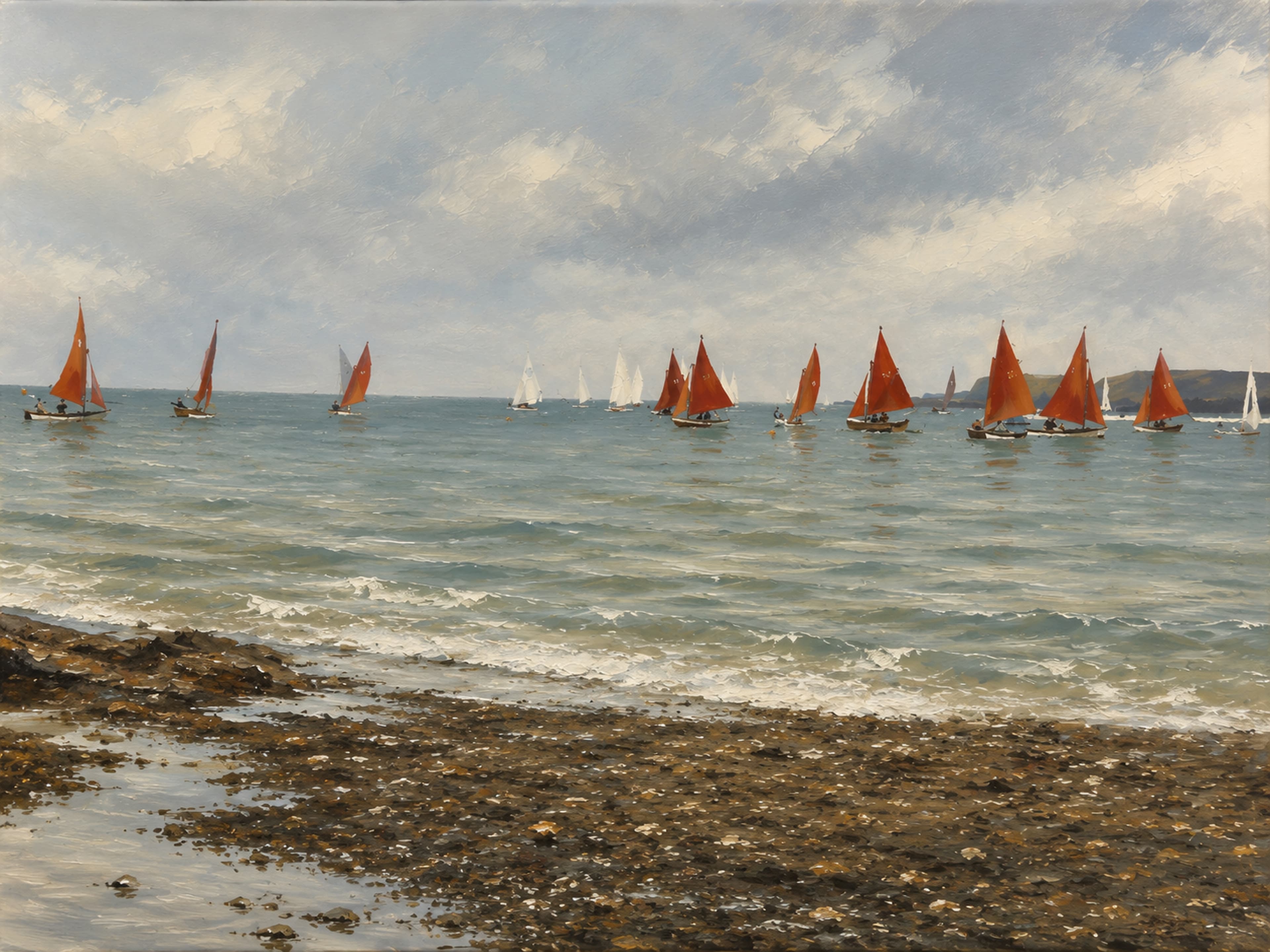 Red Sails, a digital work by Elin Morrow, built from photographs and sketches made at Trearddur Bay