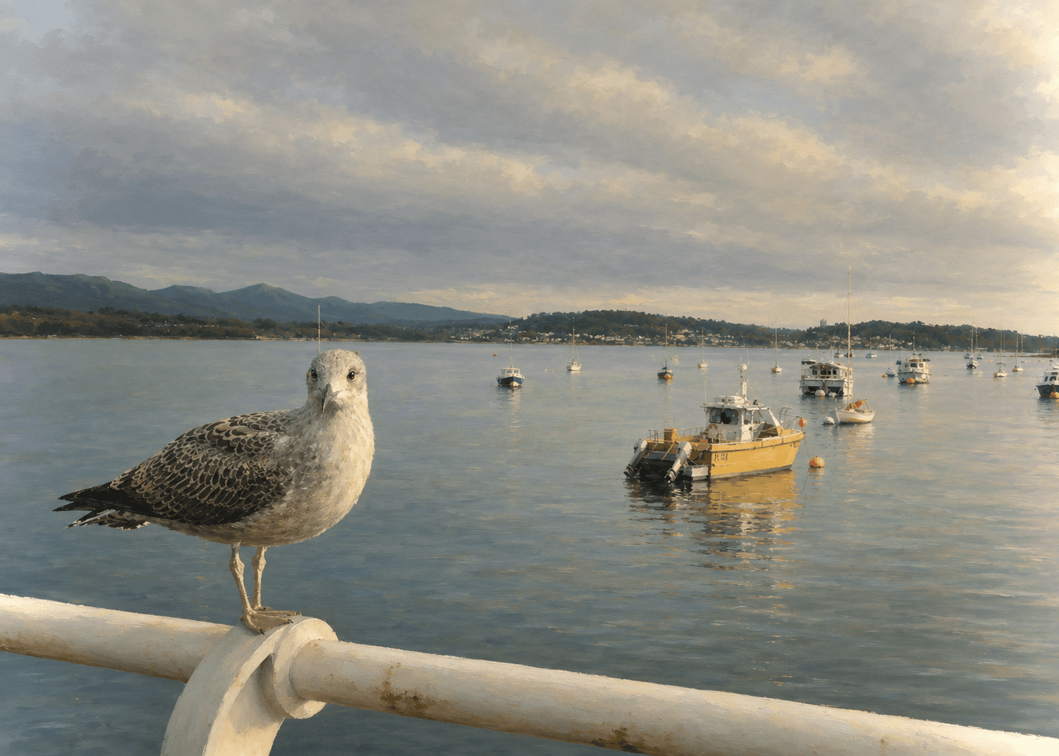 Cheeky Seagull, a digital work by Elin Morrow, built from photographs and sketches made at Beaumaris